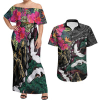 Hawaiian and Japanese Culture Couples Matching Off Shoulder Maxi Dress and Hawaiian Shirt Crane Sakura Hibiscus Tropical Vibes LT14 Black - Polynesian Pride
