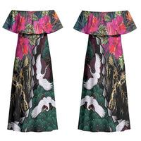Hawaiian and Japanese Culture Couples Matching Off Shoulder Maxi Dress and Hawaiian Shirt Crane Sakura Hibiscus Tropical Vibes LT14 - Polynesian Pride