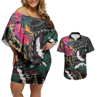 Hawaiian and Japanese Culture Couples Matching Off Shoulder Short Dress and Hawaiian Shirt Crane Sakura Hibiscus Tropical Vibes LT14 Black - Polynesian Pride