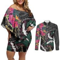 Hawaiian and Japanese Culture Couples Matching Off Shoulder Short Dress and Long Sleeve Button Shirt Crane Sakura Hibiscus Tropical Vibes LT14 Black - Polynesian Pride