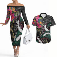Hawaiian and Japanese Culture Couples Matching Off The Shoulder Long Sleeve Dress and Hawaiian Shirt Crane Sakura Hibiscus Tropical Vibes LT14 Black - Polynesian Pride