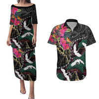 Hawaiian and Japanese Culture Couples Matching Puletasi and Hawaiian Shirt Crane Sakura Hibiscus Tropical Vibes