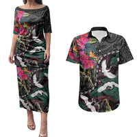 Hawaiian and Japanese Culture Couples Matching Puletasi and Hawaiian Shirt Crane Sakura Hibiscus Tropical Vibes LT14 Black - Polynesian Pride