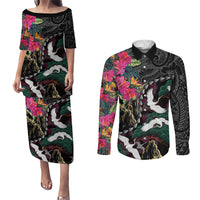 Hawaiian and Japanese Culture Couples Matching Puletasi and Long Sleeve Button Shirt Crane Sakura Hibiscus Tropical Vibes