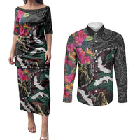 Hawaiian and Japanese Culture Couples Matching Puletasi and Long Sleeve Button Shirt Crane Sakura Hibiscus Tropical Vibes LT14 Black - Polynesian Pride
