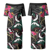 Hawaiian and Japanese Culture Couples Matching Puletasi and Long Sleeve Button Shirt Crane Sakura Hibiscus Tropical Vibes LT14 - Polynesian Pride
