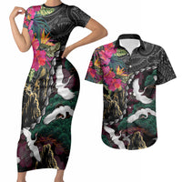 Hawaiian and Japanese Culture Couples Matching Short Sleeve Bodycon Dress and Hawaiian Shirt Crane Sakura Hibiscus Tropical Vibes LT14 Black - Polynesian Pride
