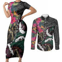 Hawaiian and Japanese Culture Couples Matching Short Sleeve Bodycon Dress and Long Sleeve Button Shirt Crane Sakura Hibiscus Tropical Vibes LT14 Black - Polynesian Pride