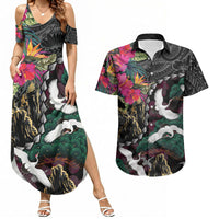 Hawaiian and Japanese Culture Couples Matching Summer Maxi Dress and Hawaiian Shirt Crane Sakura Hibiscus Tropical Vibes LT14 Black - Polynesian Pride