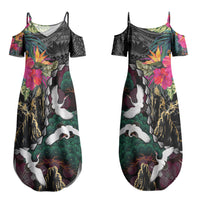 Hawaiian and Japanese Culture Couples Matching Summer Maxi Dress and Long Sleeve Button Shirt Crane Sakura Hibiscus Tropical Vibes LT14 - Polynesian Pride