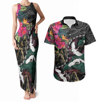 Hawaiian and Japanese Culture Couples Matching Tank Maxi Dress and Hawaiian Shirt Crane Sakura Hibiscus Tropical Vibes LT14 Black - Polynesian Pride