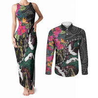 Hawaiian and Japanese Culture Couples Matching Tank Maxi Dress and Long Sleeve Button Shirt Crane Sakura Hibiscus Tropical Vibes LT14 Black - Polynesian Pride