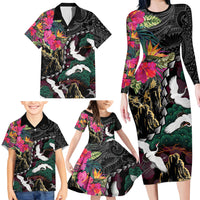 Hawaiian and Japanese Culture Family Matching Long Sleeve Bodycon Dress and Hawaiian Shirt Crane Sakura Hibiscus Tropical Vibes