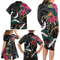 Hawaiian and Japanese Culture Family Matching Long Sleeve Bodycon Dress and Hawaiian Shirt Crane Sakura Hibiscus Tropical Vibes