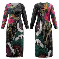 Hawaiian and Japanese Culture Family Matching Long Sleeve Bodycon Dress and Hawaiian Shirt Crane Sakura Hibiscus Tropical Vibes LT14 Mom's Dress Black - Polynesian Pride