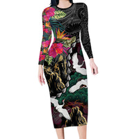 Hawaiian and Japanese Culture Family Matching Long Sleeve Bodycon Dress and Hawaiian Shirt Crane Sakura Hibiscus Tropical Vibes