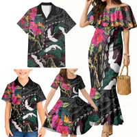 Hawaiian and Japanese Culture Family Matching Mermaid Dress and Hawaiian Shirt Crane Sakura Hibiscus Tropical Vibes LT14 - Polynesian Pride