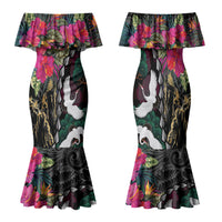 Hawaiian and Japanese Culture Family Matching Mermaid Dress and Hawaiian Shirt Crane Sakura Hibiscus Tropical Vibes LT14 Mom's Dress Black - Polynesian Pride