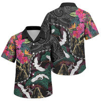 Hawaiian and Japanese Culture Family Matching Mermaid Dress and Hawaiian Shirt Crane Sakura Hibiscus Tropical Vibes LT14 Son's Shirt Black - Polynesian Pride