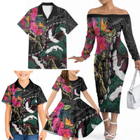 Hawaiian and Japanese Culture Family Matching Off The Shoulder Long Sleeve Dress and Hawaiian Shirt Crane Sakura Hibiscus Tropical Vibes LT14 - Polynesian Pride