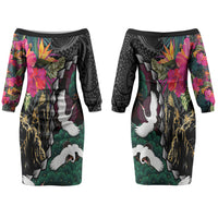 Hawaiian and Japanese Culture Family Matching Off The Shoulder Long Sleeve Dress and Hawaiian Shirt Crane Sakura Hibiscus Tropical Vibes LT14 Mom's Dress Black - Polynesian Pride