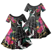 Hawaiian and Japanese Culture Family Matching Off The Shoulder Long Sleeve Dress and Hawaiian Shirt Crane Sakura Hibiscus Tropical Vibes LT14 Daughter's Dress Black - Polynesian Pride