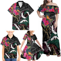 Hawaiian and Japanese Culture Family Matching Off Shoulder Maxi Dress and Hawaiian Shirt Crane Sakura Hibiscus Tropical Vibes