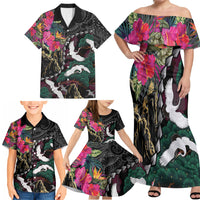 Hawaiian and Japanese Culture Family Matching Off Shoulder Maxi Dress and Hawaiian Shirt Crane Sakura Hibiscus Tropical Vibes LT14 - Polynesian Pride