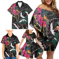 Hawaiian and Japanese Culture Family Matching Off Shoulder Short Dress and Hawaiian Shirt Crane Sakura Hibiscus Tropical Vibes LT14 - Polynesian Pride