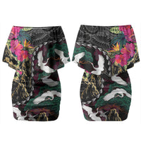 Hawaiian and Japanese Culture Family Matching Off Shoulder Short Dress and Hawaiian Shirt Crane Sakura Hibiscus Tropical Vibes LT14 Mom's Dress Black - Polynesian Pride