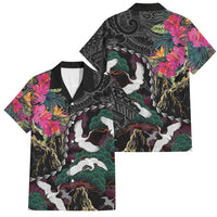 Hawaiian and Japanese Culture Family Matching Off Shoulder Short Dress and Hawaiian Shirt Crane Sakura Hibiscus Tropical Vibes LT14 Dad's Shirt - Short Sleeve Black - Polynesian Pride