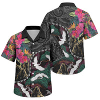 Hawaiian and Japanese Culture Family Matching Off Shoulder Short Dress and Hawaiian Shirt Crane Sakura Hibiscus Tropical Vibes LT14 Son's Shirt Black - Polynesian Pride
