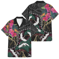 Hawaiian and Japanese Culture Family Matching Puletasi and Hawaiian Shirt Crane Sakura Hibiscus Tropical Vibes LT14 Dad's Shirt - Short Sleeve Black - Polynesian Pride