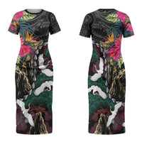 Hawaiian and Japanese Culture Family Matching Short Sleeve Bodycon Dress and Hawaiian Shirt Crane Sakura Hibiscus Tropical Vibes LT14 Mom's Dress Black - Polynesian Pride