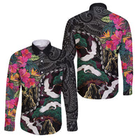 Hawaiian and Japanese Culture Family Matching Short Sleeve Bodycon Dress and Hawaiian Shirt Crane Sakura Hibiscus Tropical Vibes LT14 Dad's Shirt - Long Sleeve Black - Polynesian Pride
