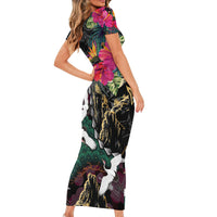 Hawaiian and Japanese Culture Family Matching Short Sleeve Bodycon Dress and Hawaiian Shirt Crane Sakura Hibiscus Tropical Vibes