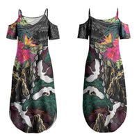 Hawaiian and Japanese Culture Family Matching Summer Maxi Dress and Hawaiian Shirt Crane Sakura Hibiscus Tropical Vibes LT14 Mom's Dress Black - Polynesian Pride