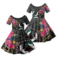 Hawaiian and Japanese Culture Family Matching Summer Maxi Dress and Hawaiian Shirt Crane Sakura Hibiscus Tropical Vibes LT14 Daughter's Dress Black - Polynesian Pride