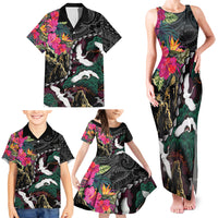 Hawaiian and Japanese Culture Family Matching Tank Maxi Dress and Hawaiian Shirt Crane Sakura Hibiscus Tropical Vibes