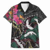 Hawaiian and Japanese Culture Hawaiian Shirt Crane Sakura Hibiscus Tropical Vibes LT14 Black - Polynesian Pride