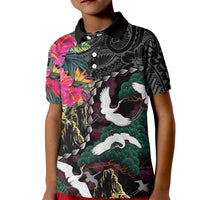 Hawaiian and Japanese Culture Kid Polo Shirt Crane Sakura Hibiscus Tropical Vibes