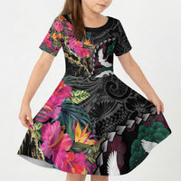 Hawaiian and Japanese Culture Kid Short Sleeve Dress Crane Sakura Hibiscus Tropical Vibes LT14 KID Black - Polynesian Pride