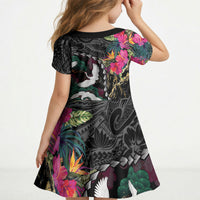 Hawaiian and Japanese Culture Kid Short Sleeve Dress Crane Sakura Hibiscus Tropical Vibes LT14 - Polynesian Pride