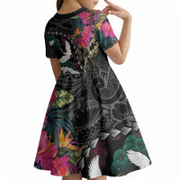 Hawaiian and Japanese Culture Kid Short Sleeve Dress Crane Sakura Hibiscus Tropical Vibes LT14 - Polynesian Pride