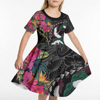 Hawaiian and Japanese Culture Kid Short Sleeve Dress Crane Sakura Hibiscus Tropical Vibes LT14 - Polynesian Pride