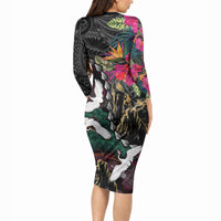 Hawaiian and Japanese Culture Long Sleeve Bodycon Dress Crane Sakura Hibiscus Tropical Vibes LT14 - Polynesian Pride