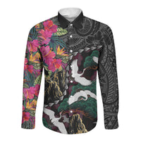 Hawaiian and Japanese Culture Long Sleeve Button Shirt Crane Sakura Hibiscus Tropical Vibes LT14 Unisex Black - Polynesian Pride