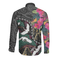 Hawaiian and Japanese Culture Long Sleeve Button Shirt Crane Sakura Hibiscus Tropical Vibes LT14 - Polynesian Pride