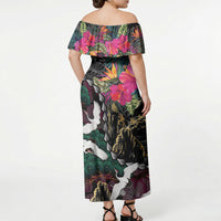 Hawaiian and Japanese Culture Off Shoulder Maxi Dress Crane Sakura Hibiscus Tropical Vibes LT14 - Polynesian Pride