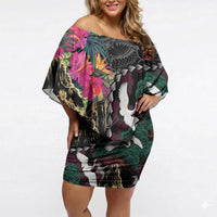 Hawaiian and Japanese Culture Off Shoulder Short Dress Crane Sakura Hibiscus Tropical Vibes LT14 Women Black - Polynesian Pride